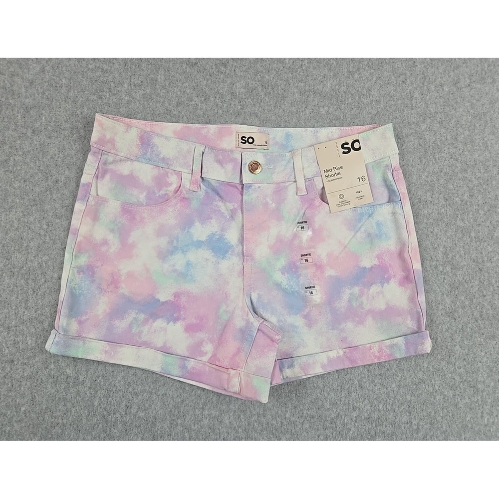 SO Jean Shorts Girls Size 16 Cuffed‎ Mid Rise Denim Tie Dye Shortie Jeans NWT